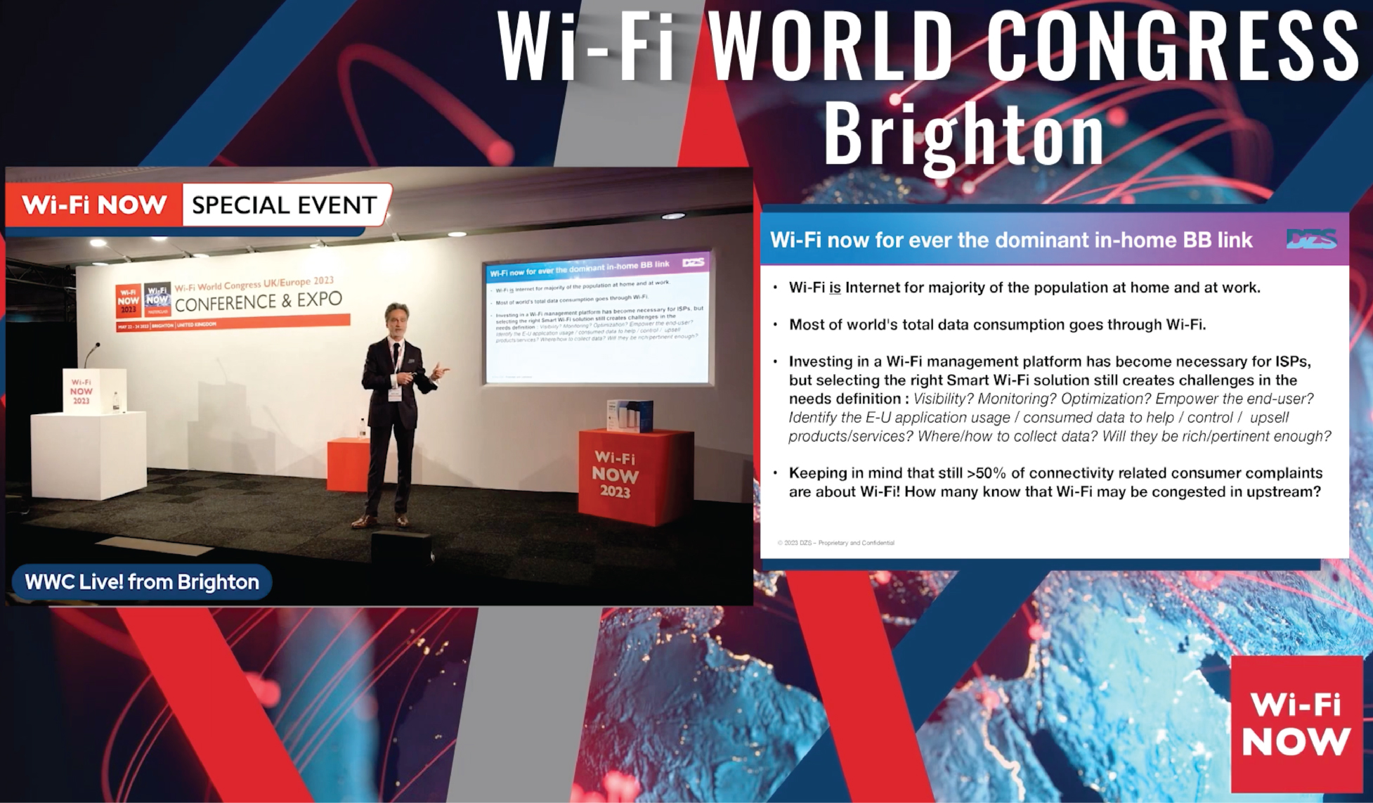 DZS's Jerome Anastase presents at WiFi World Congress in Brighton, UK.