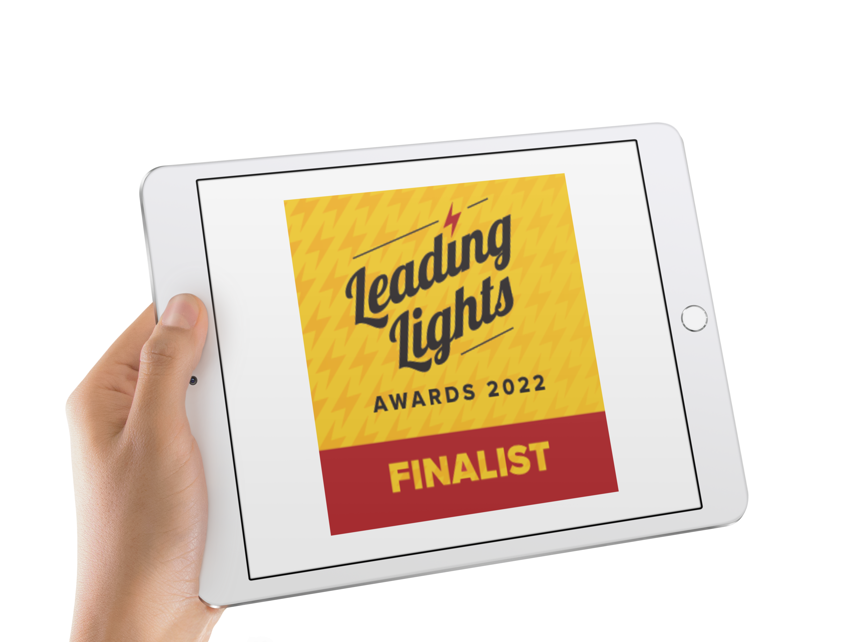 A white iPad is held by a man in a landscape position, displaying DZS as a Leading Lights Award 2022 Finalist.
