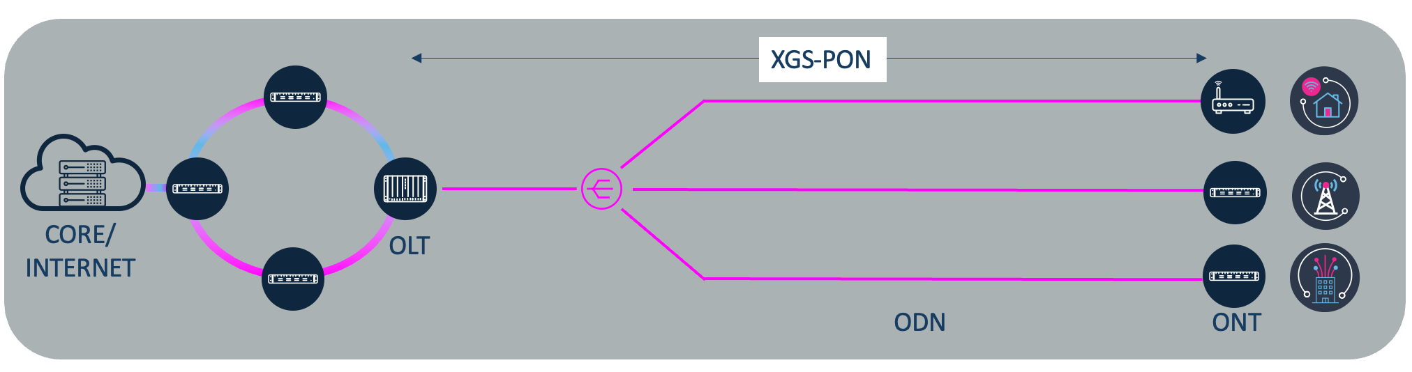 XGS-GPON uses a single strand fiber network that reaches from the access concentrator at a service provider site to each subscriber side demarcation device.